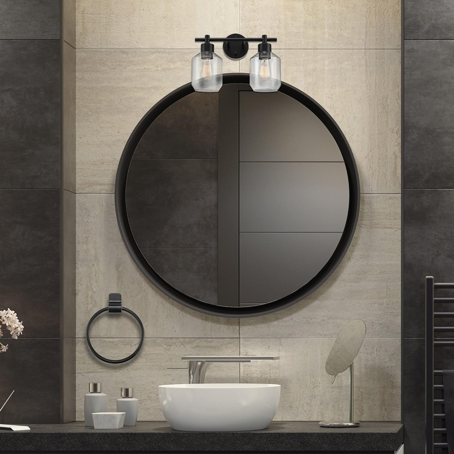 image:imageGlobe Electric 63000104 3Piece Bath Accessories Satin Nickel Finish 15 2Light Vanity Light Alabaster Glass Shades Toilet Paper Holder Towel Ring Bathroom Dcor Home EssentialsMatte Black 3Piece