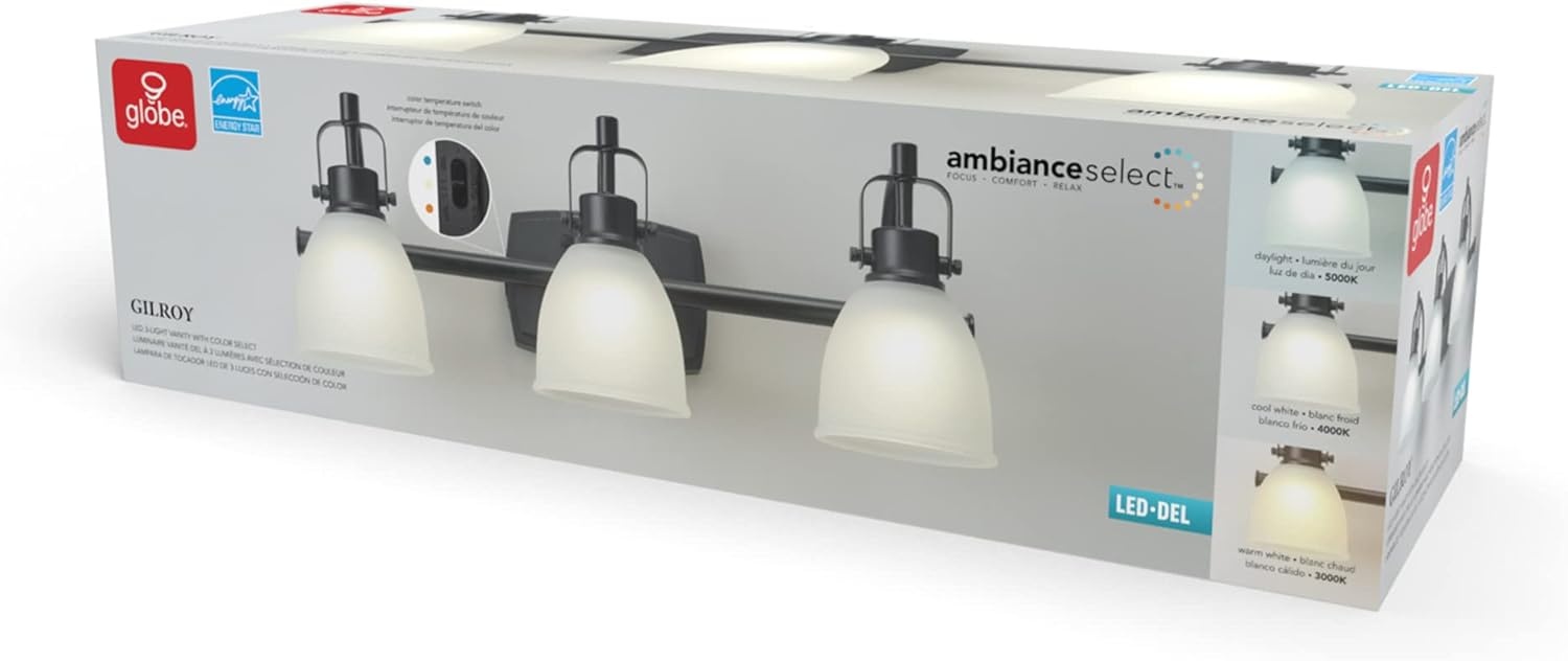 image:imageGlobe Electric 63000104 3Piece Bath Accessories Satin Nickel Finish 15 2Light Vanity Light Alabaster Glass Shades Toilet Paper Holder Towel Ring Bathroom Dcor Home EssentialsMatte Black LED