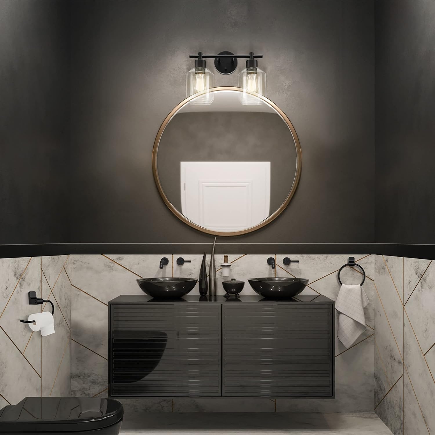 image:imageGlobe Electric 63000104 3Piece Bath Accessories Satin Nickel Finish 15 2Light Vanity Light Alabaster Glass Shades Toilet Paper Holder Towel Ring Bathroom Dcor Home EssentialsMatte Black 3Piece