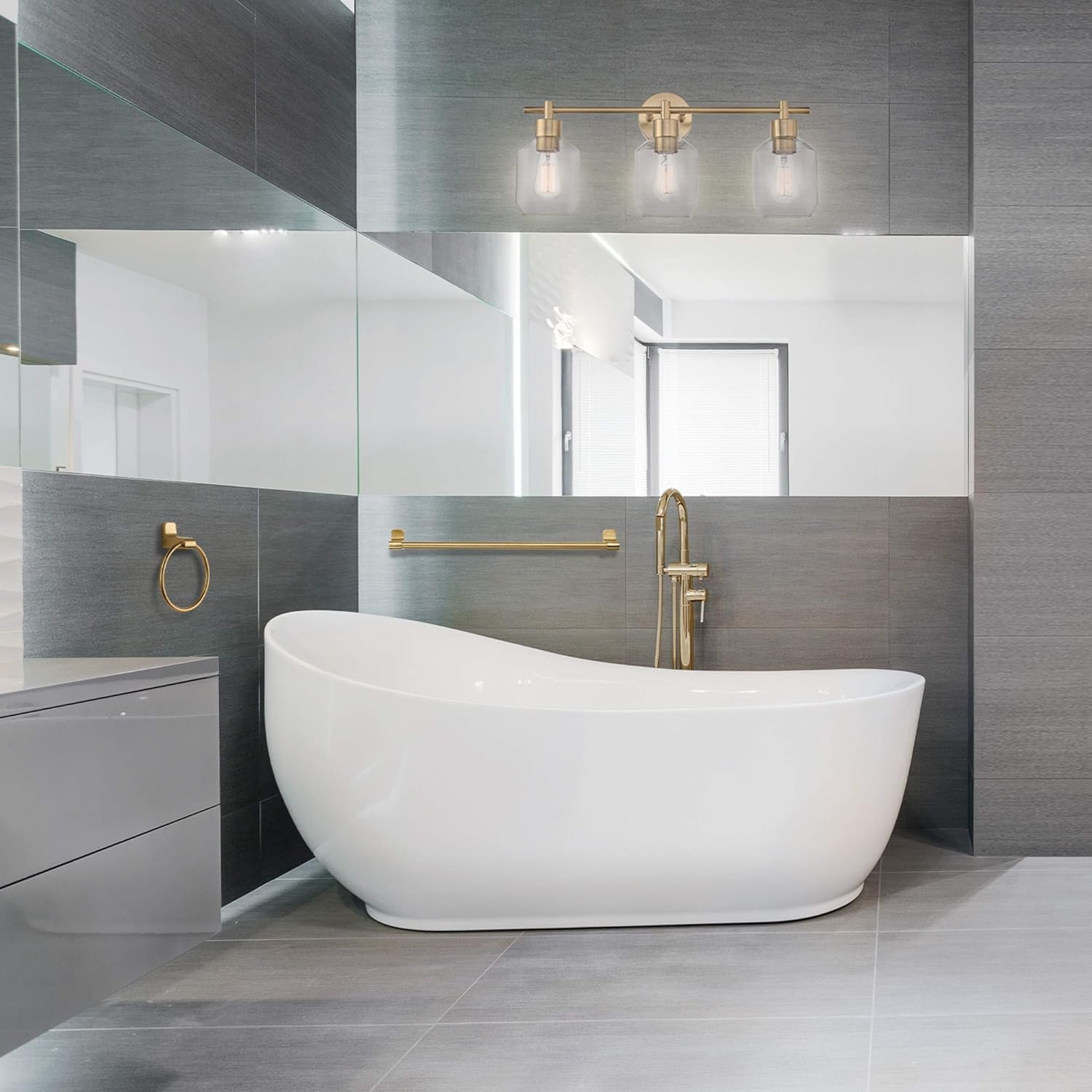image:imageGlobe Electric 63000104 3Piece Bath Accessories Satin Nickel Finish 15 2Light Vanity Light Alabaster Glass Shades Toilet Paper Holder Towel Ring Bathroom Dcor Home EssentialsGold