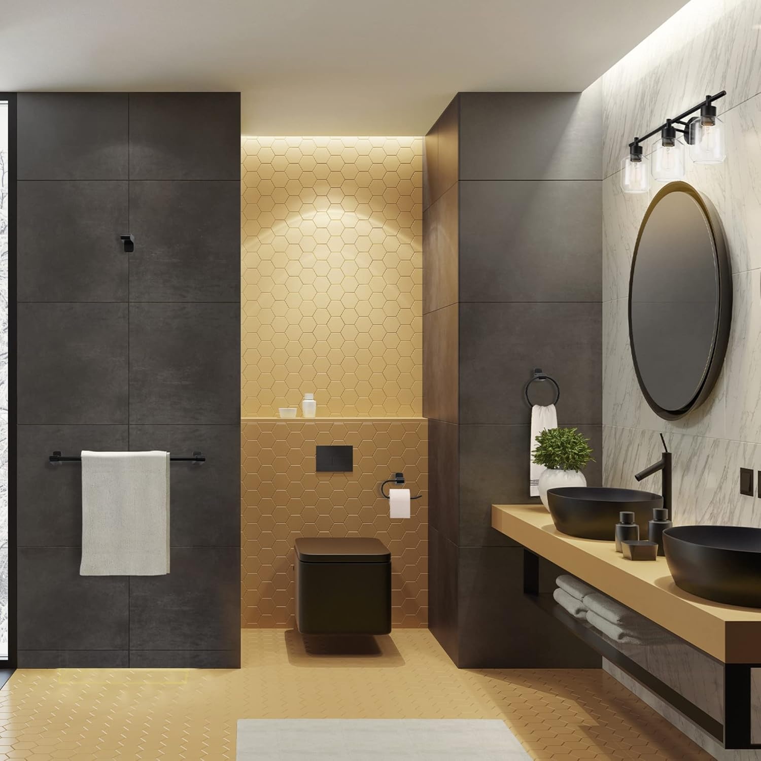 image:imageGlobe Electric 63000104 3Piece Bath Accessories Satin Nickel Finish 15 2Light Vanity Light Alabaster Glass Shades Toilet Paper Holder Towel Ring Bathroom Dcor Home EssentialsMatte Black 5Piece