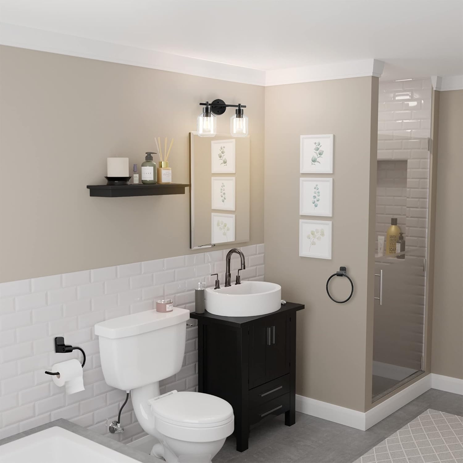image:imageGlobe Electric 63000104 3Piece Bath Accessories Satin Nickel Finish 15 2Light Vanity Light Alabaster Glass Shades Toilet Paper Holder Towel Ring Bathroom Dcor Home EssentialsMatte Black 3Piece