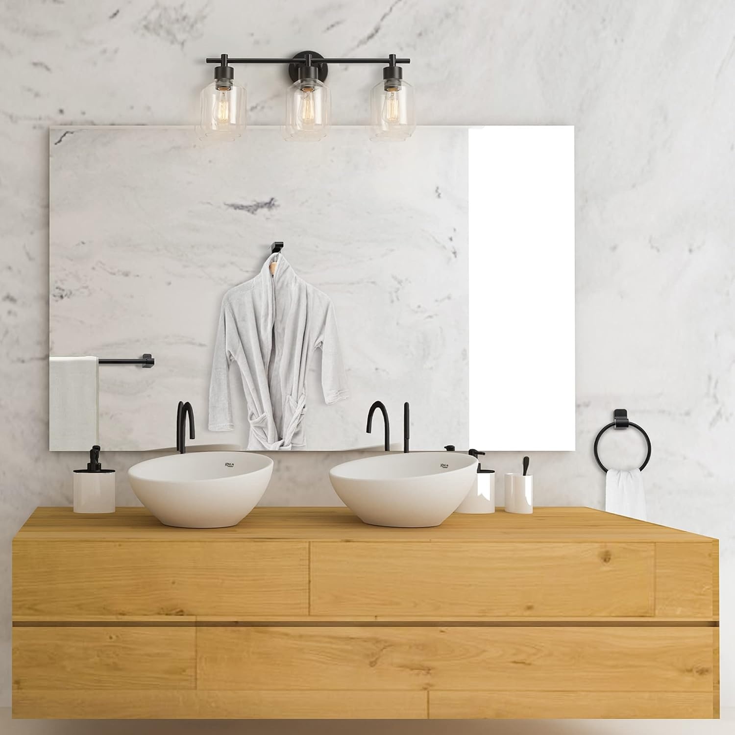 image:imageGlobe Electric 63000104 3Piece Bath Accessories Satin Nickel Finish 15 2Light Vanity Light Alabaster Glass Shades Toilet Paper Holder Towel Ring Bathroom Dcor Home EssentialsMatte Black 5Piece