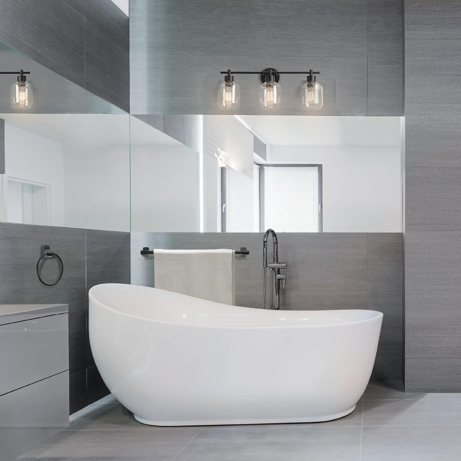 image:imageGlobe Electric 63000104 3Piece Bath Accessories Satin Nickel Finish 15 2Light Vanity Light Alabaster Glass Shades Toilet Paper Holder Towel Ring Bathroom Dcor Home EssentialsMatte Black 5Piece