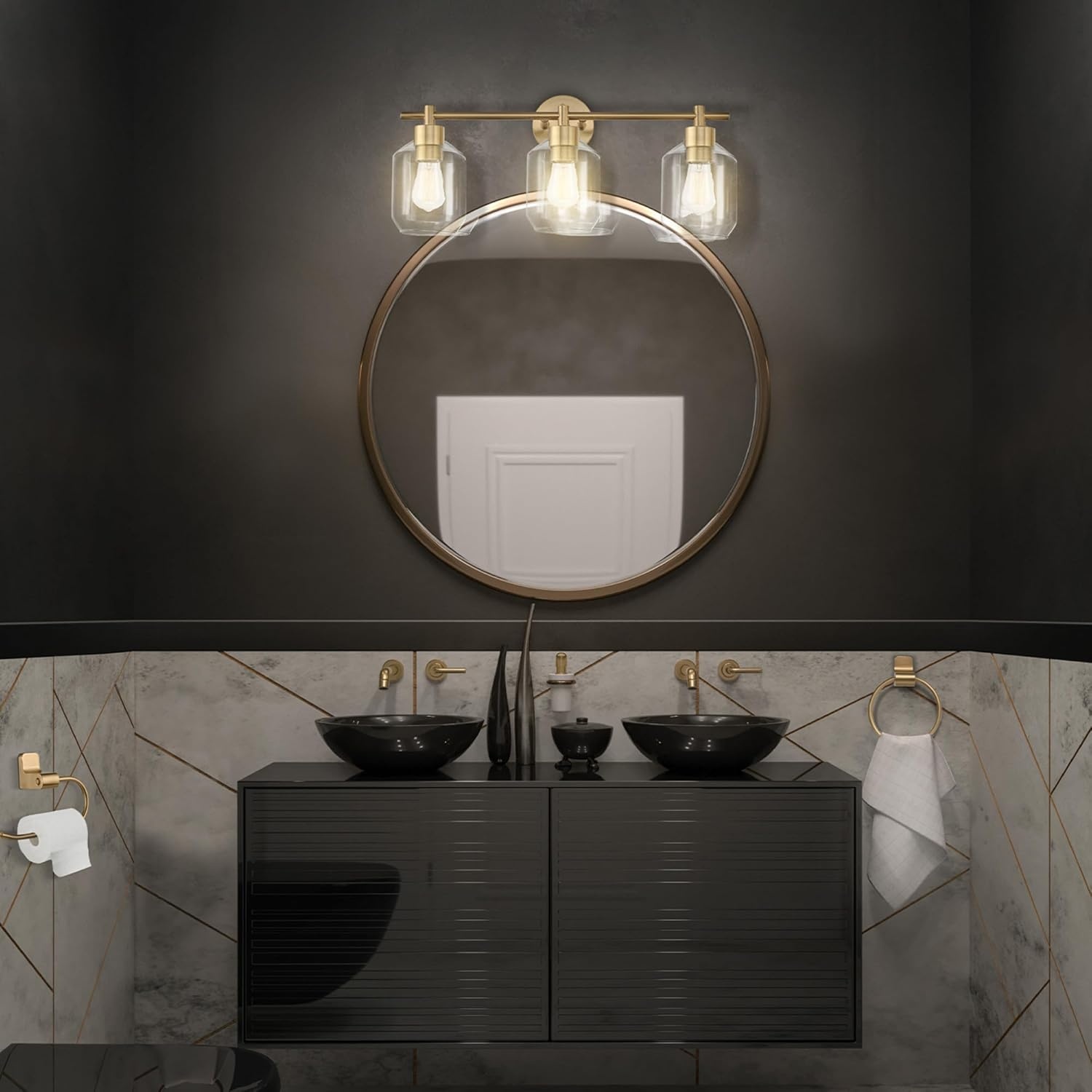 image:imageGlobe Electric 63000104 3Piece Bath Accessories Satin Nickel Finish 15 2Light Vanity Light Alabaster Glass Shades Toilet Paper Holder Towel Ring Bathroom Dcor Home EssentialsGold