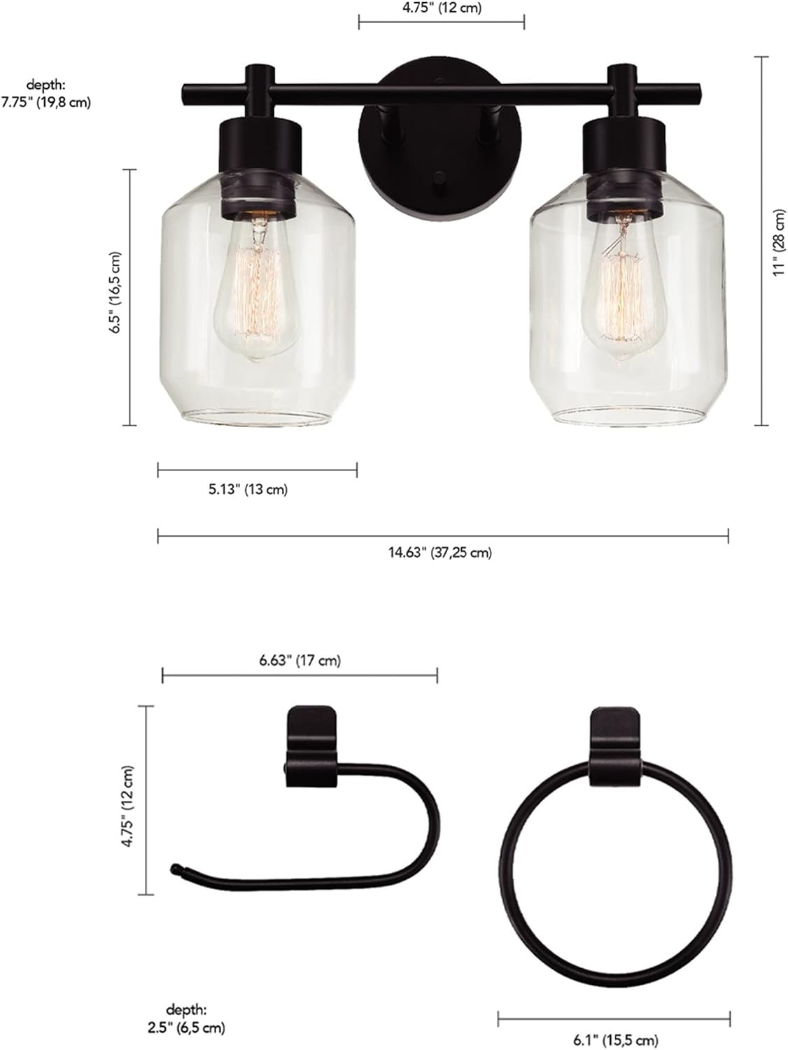 image:imageGlobe Electric 63000104 3Piece Bath Accessories Satin Nickel Finish 15 2Light Vanity Light Alabaster Glass Shades Toilet Paper Holder Towel Ring Bathroom Dcor Home EssentialsMatte Black 3Piece
