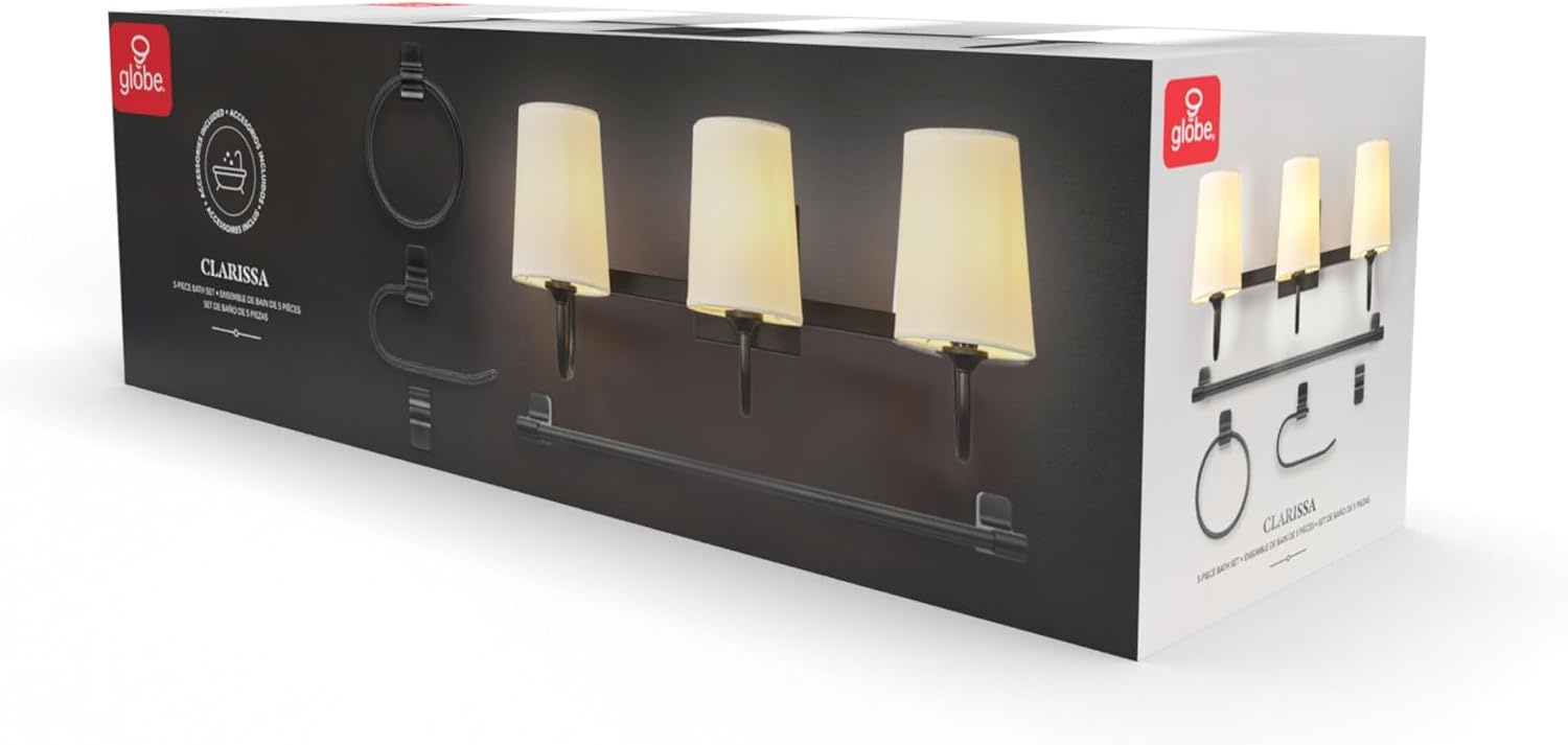 image:imageGlobe Electric 63000104 3Piece Bath Accessories Satin Nickel Finish 15 2Light Vanity Light Alabaster Glass Shades Toilet Paper Holder Towel Ring Bathroom Dcor Home EssentialsBlack Linen Shades
