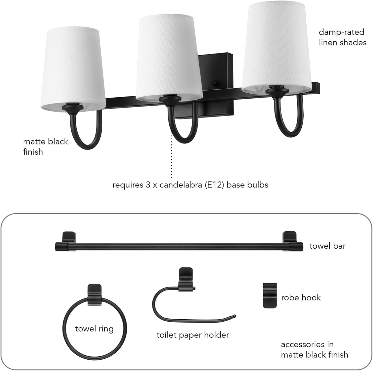 image:imageGlobe Electric 63000104 3Piece Bath Accessories Satin Nickel Finish 15 2Light Vanity Light Alabaster Glass Shades Toilet Paper Holder Towel Ring Bathroom Dcor Home EssentialsBlack Linen Shades