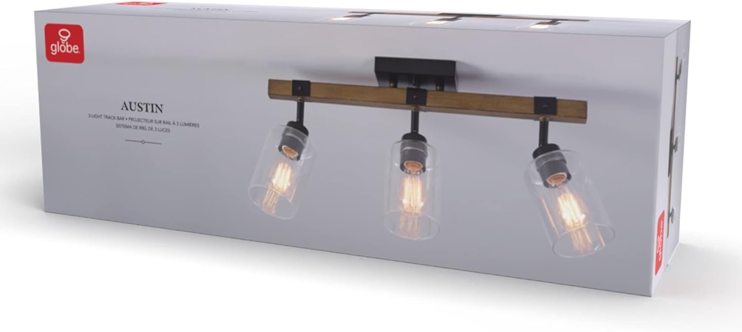 image:imageGlobe Electric 64000045 24 3Light Track Lighting Pewter Clear Glass Shades Ceiling Light Pivot Shade 3 Bulb Kitchen Lights E26 SocketFaux Wood