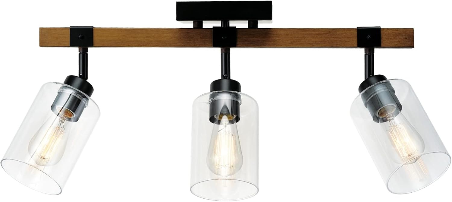 image:imageGlobe Electric 64000045 24 3Light Track Lighting Pewter Clear Glass Shades Ceiling Light Pivot Shade 3 Bulb Kitchen Lights E26 SocketFaux Wood