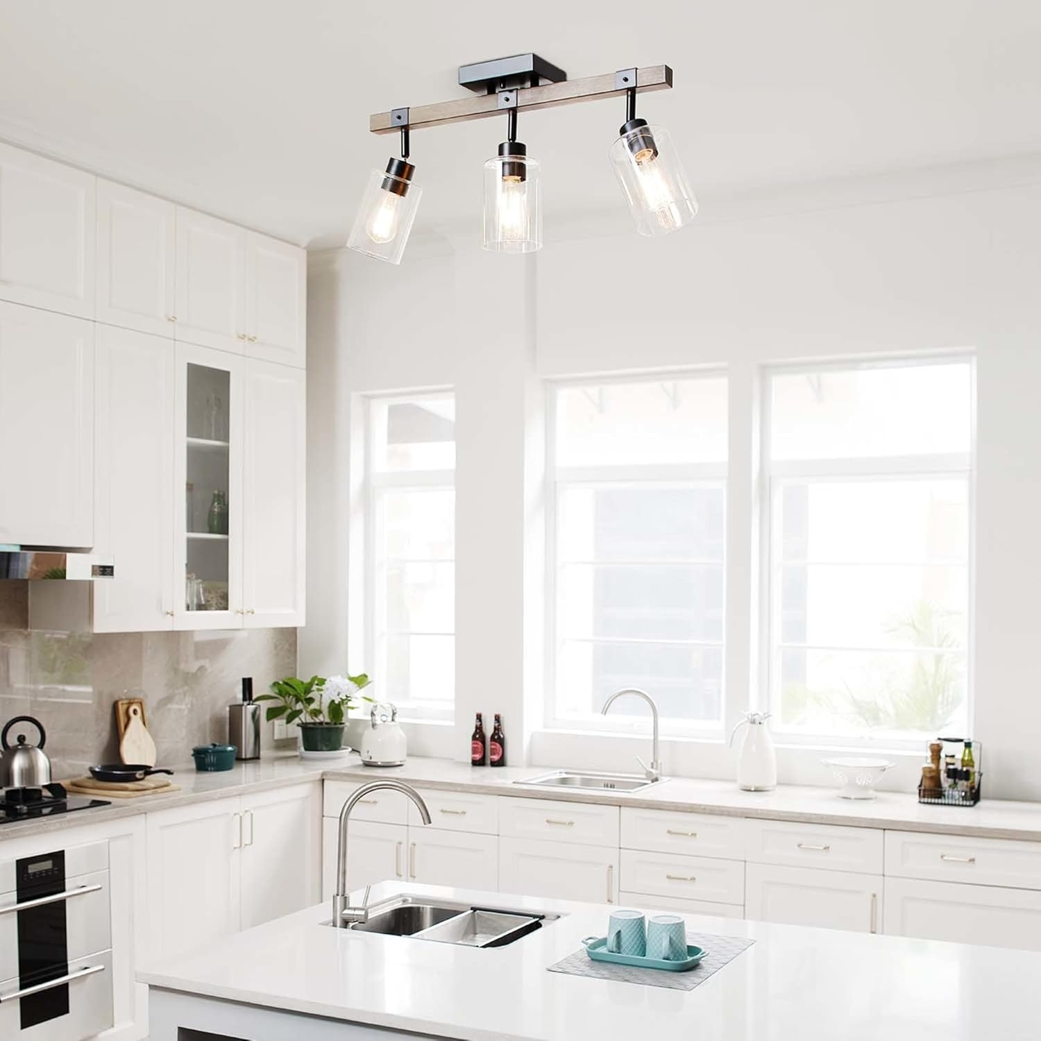 image:imageGlobe Electric 64000045 24 3Light Track Lighting Pewter Clear Glass Shades Ceiling Light Pivot Shade 3 Bulb Kitchen Lights E26 SocketFaux Wood