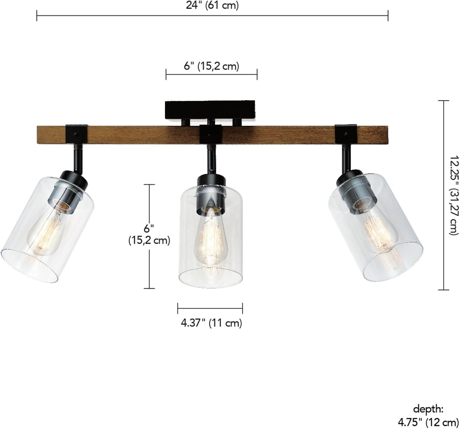 image:imageGlobe Electric 64000045 24 3Light Track Lighting Pewter Clear Glass Shades Ceiling Light Pivot Shade 3 Bulb Kitchen Lights E26 SocketFaux Wood