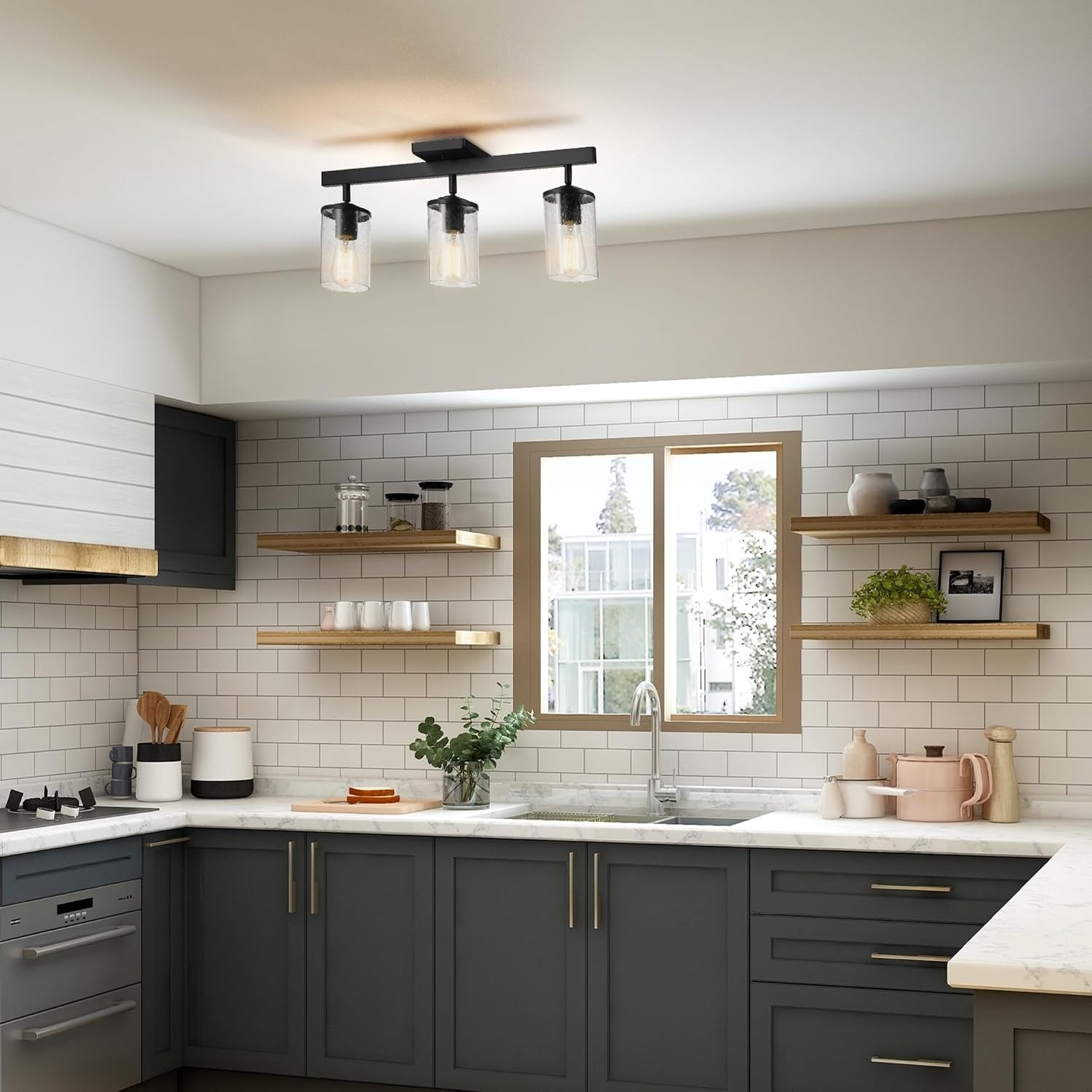 image:imageGlobe Electric 64000045 24 3Light Track Lighting Pewter Clear Glass Shades Ceiling Light Pivot Shade 3 Bulb Kitchen Lights E26 SocketMatte Black Seeded Glass