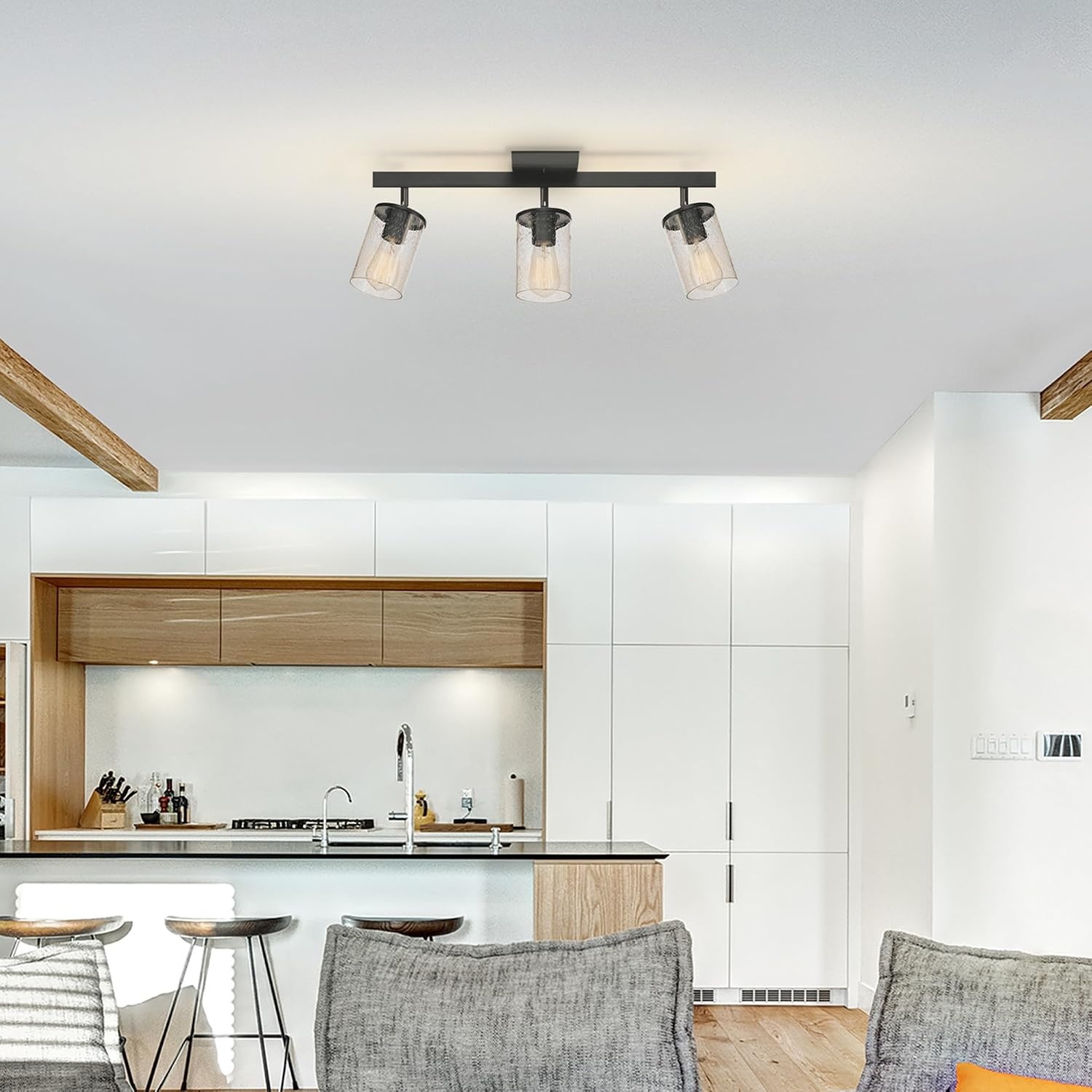 image:imageGlobe Electric 64000045 24 3Light Track Lighting Pewter Clear Glass Shades Ceiling Light Pivot Shade 3 Bulb Kitchen Lights E26 SocketMatte Black Seeded Glass