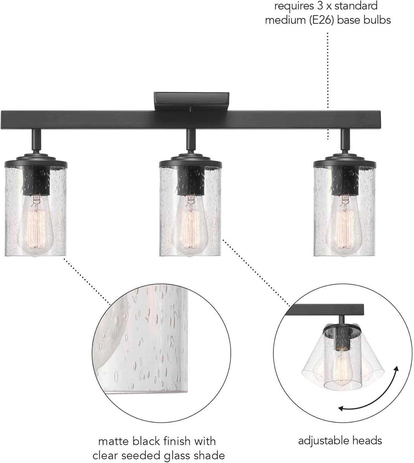 image:imageGlobe Electric 64000045 24 3Light Track Lighting Pewter Clear Glass Shades Ceiling Light Pivot Shade 3 Bulb Kitchen Lights E26 SocketMatte Black Seeded Glass