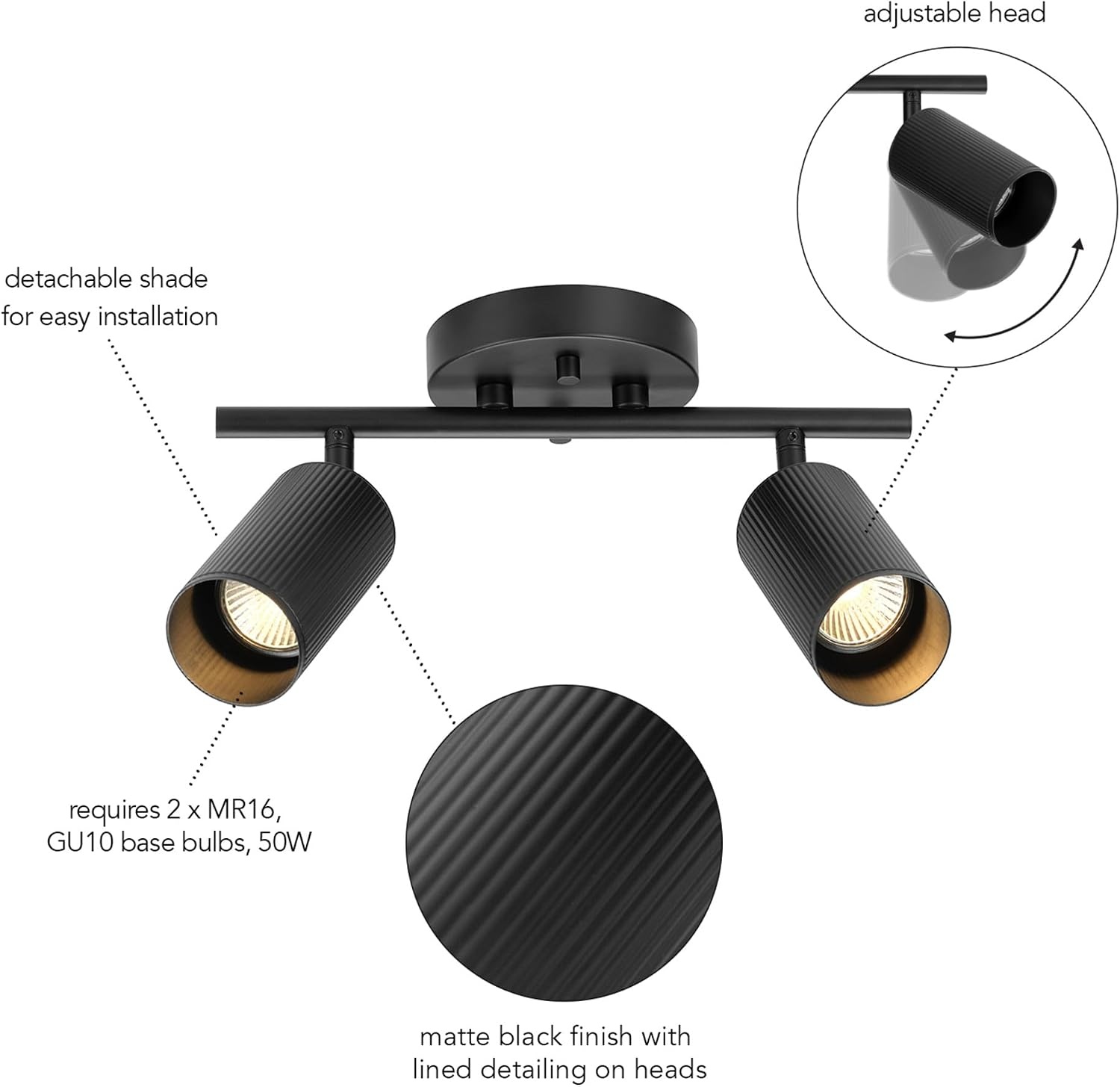 image:imageGlobe Electric 64000092 21 3Light Track Lighting Matte White Pivoting Shades Ceiling Lamp for Bedroom Kitchen Hallway Bathroom Den Dining Room Home DcorMatte Black Ribbed Shades