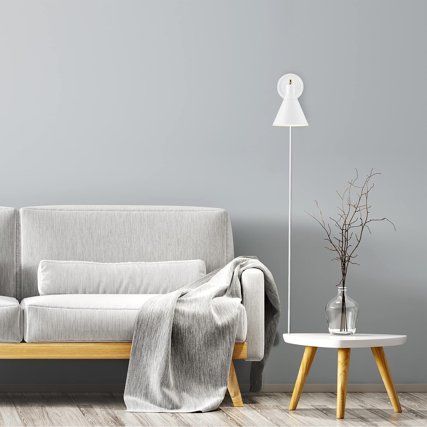image:imageGlobe Electric 65542 1Light Plugin or Hardwire Wall Sconce Matte White Brass Accent Stepless Dimming Rotary Switch Fabric Cord Modern Lighting for Apartment or Renters Home Decor