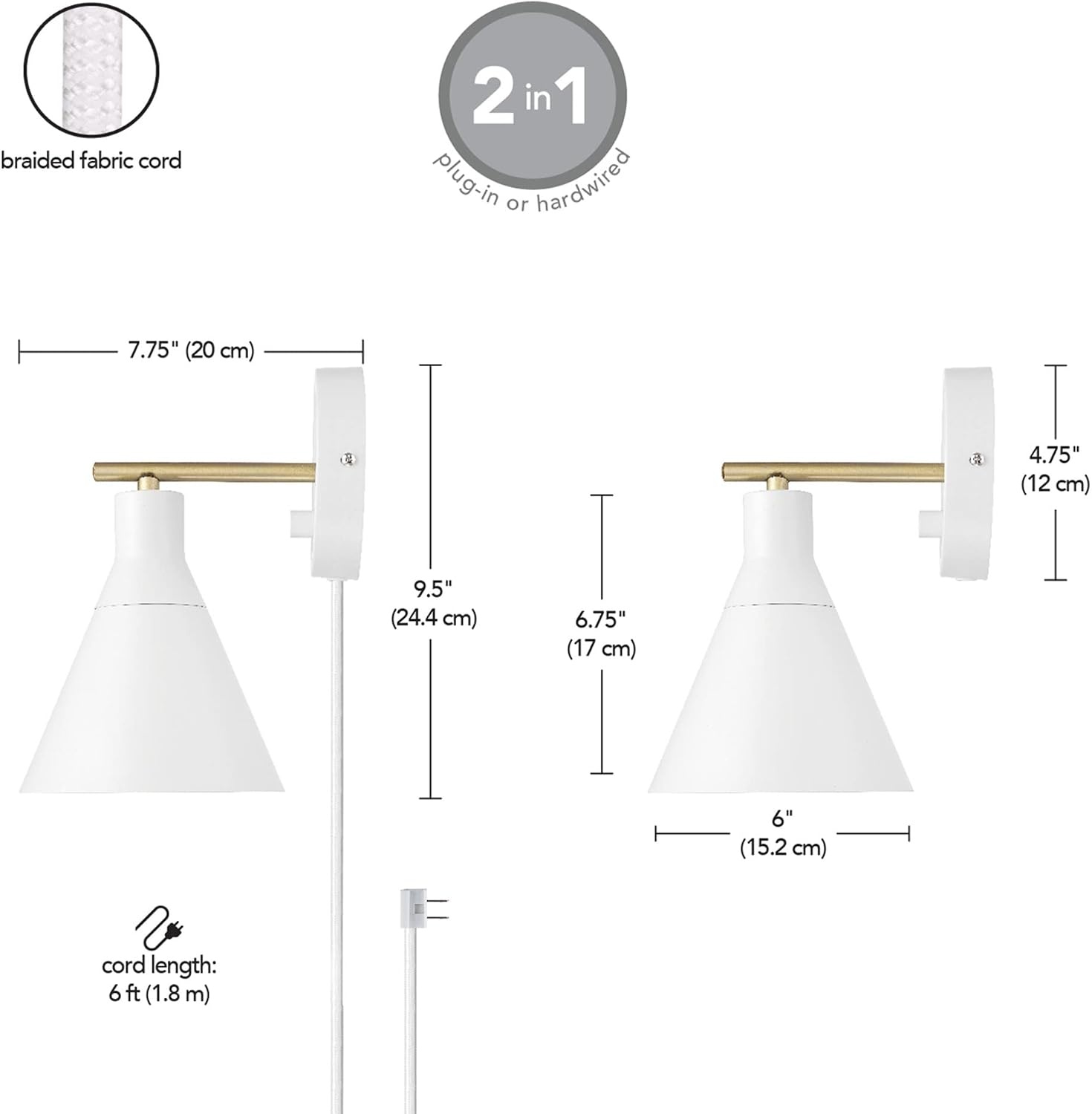 image:imageGlobe Electric 65542 1Light Plugin or Hardwire Wall Sconce Matte White Brass Accent Stepless Dimming Rotary Switch Fabric Cord Modern Lighting for Apartment or Renters Home Decor