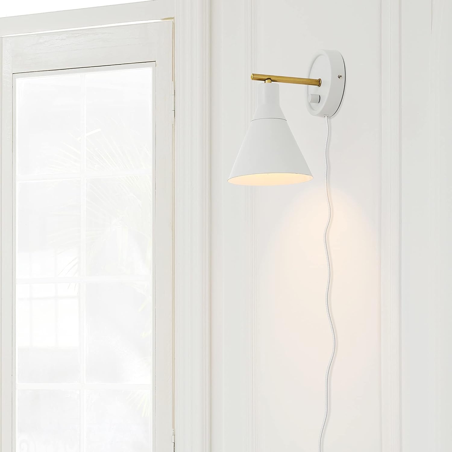 image:imageGlobe Electric 65542 1Light Plugin or Hardwire Wall Sconce Matte White Brass Accent Stepless Dimming Rotary Switch Fabric Cord Modern Lighting for Apartment or Renters Home Decor