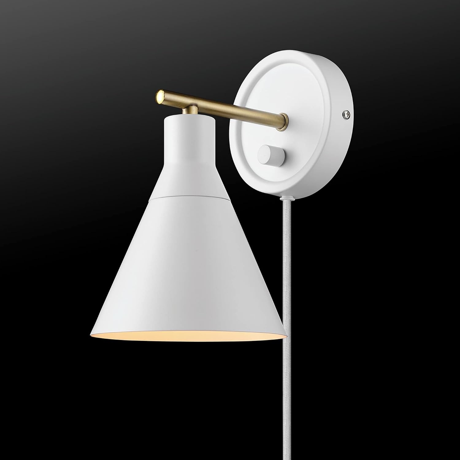 image:imageGlobe Electric 65542 1Light Plugin or Hardwire Wall Sconce Matte White Brass Accent Stepless Dimming Rotary Switch Fabric Cord Modern Lighting for Apartment or Renters Home Decor