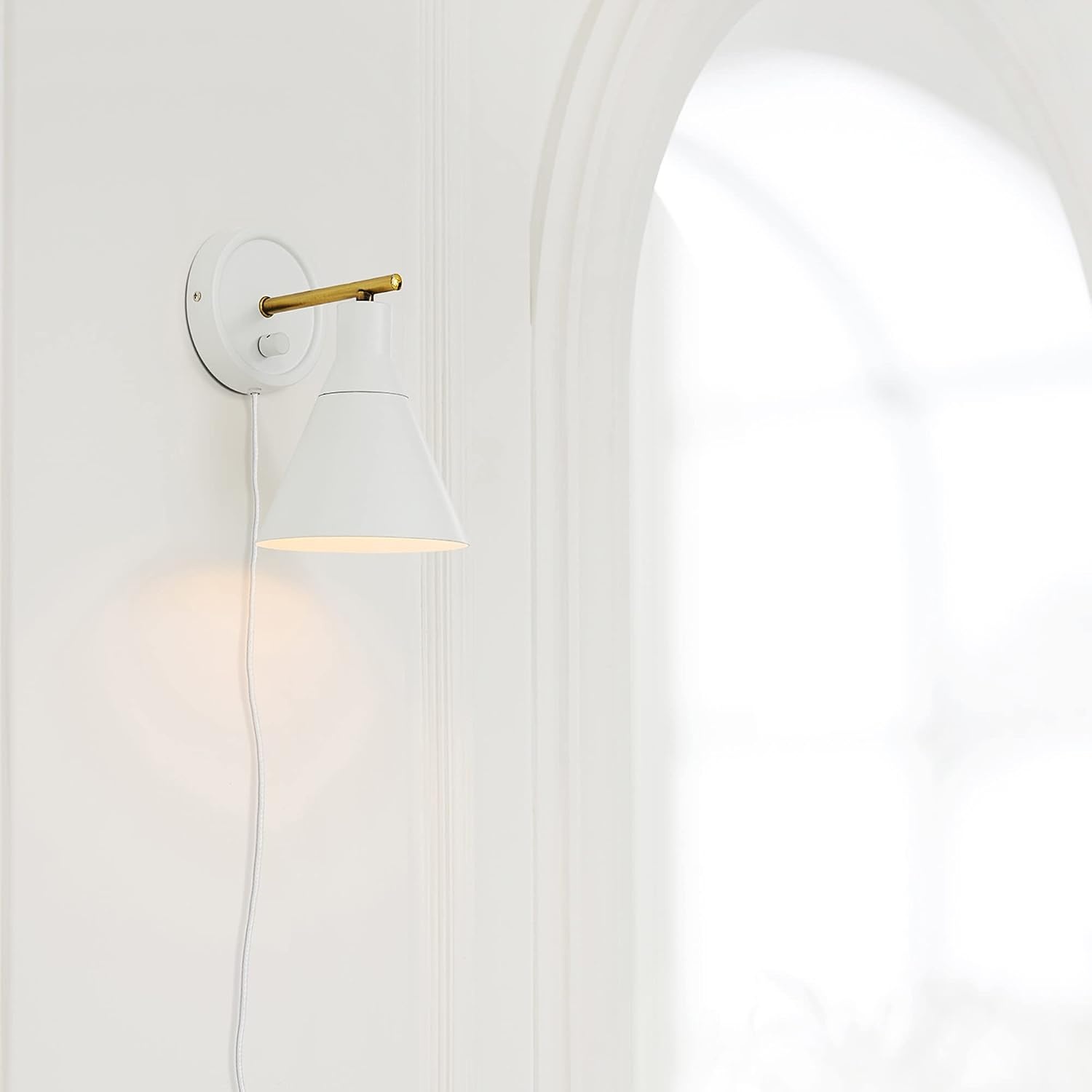 image:imageGlobe Electric 65542 1Light Plugin or Hardwire Wall Sconce Matte White Brass Accent Stepless Dimming Rotary Switch Fabric Cord Modern Lighting for Apartment or Renters Home Decor