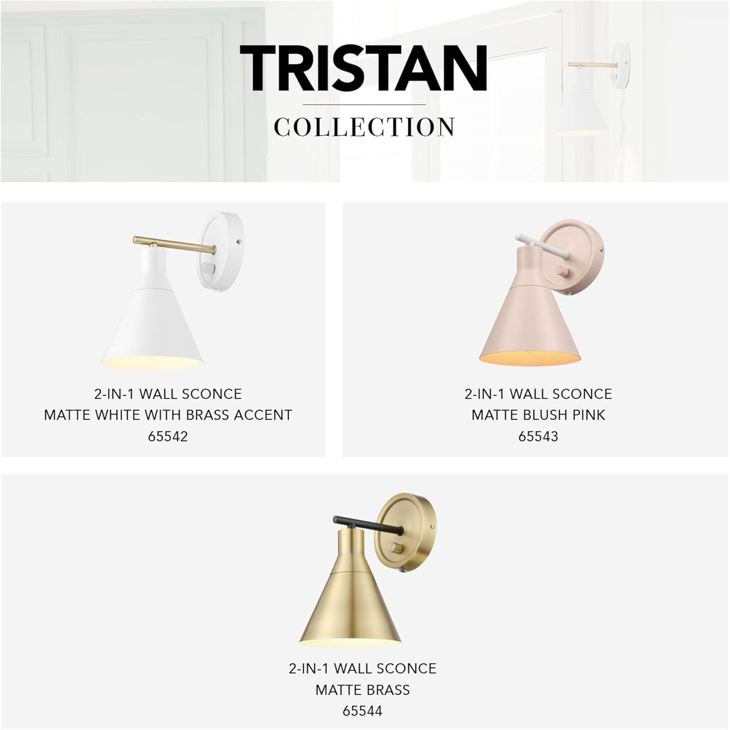 image:imageGlobe Electric 65542 1Light Plugin or Hardwire Wall Sconce Matte White Brass Accent Stepless Dimming Rotary Switch Fabric Cord Modern Lighting for Apartment or Renters Home Decor