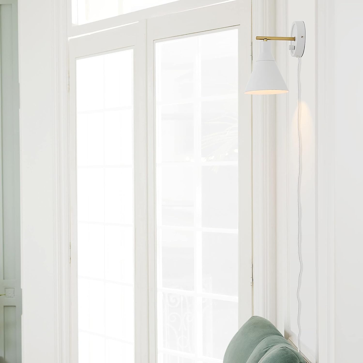 image:imageGlobe Electric 65542 1Light Plugin or Hardwire Wall Sconce Matte White Brass Accent Stepless Dimming Rotary Switch Fabric Cord Modern Lighting for Apartment or Renters Home Decor
