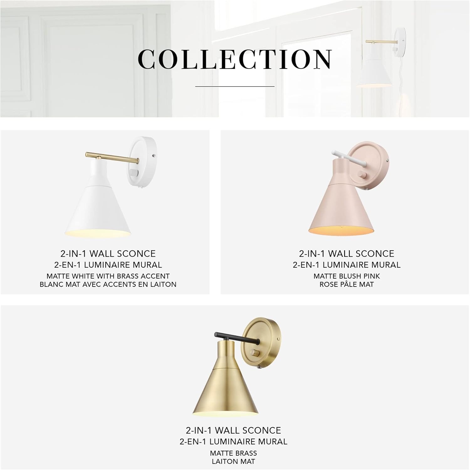 image:imageGlobe Electric 65542 1Light Plugin or Hardwire Wall Sconce Matte White Brass Accent Stepless Dimming Rotary Switch Fabric Cord Modern Lighting for Apartment or Renters Home Decor