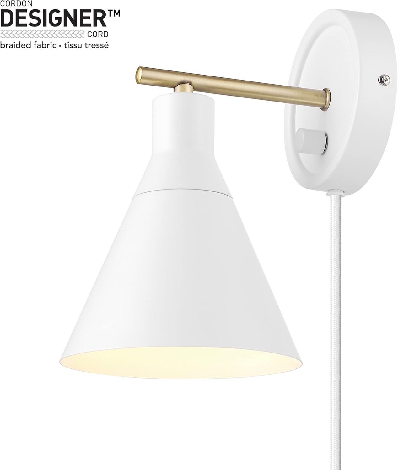 image:imageGlobe Electric 65542 1Light Plugin or Hardwire Wall Sconce Matte White Brass Accent Stepless Dimming Rotary Switch Fabric Cord Modern Lighting for Apartment or Renters Home Decor