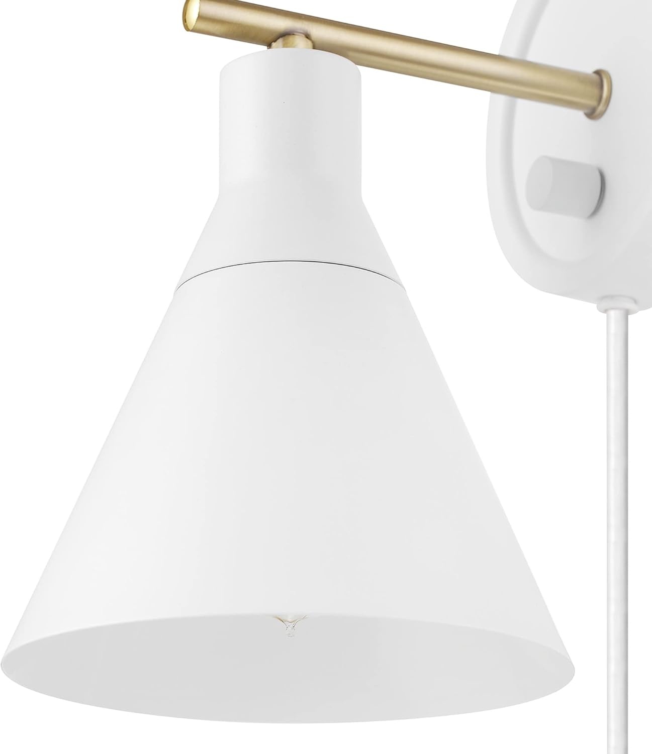 image:imageGlobe Electric 65542 1Light Plugin or Hardwire Wall Sconce Matte White Brass Accent Stepless Dimming Rotary Switch Fabric Cord Modern Lighting for Apartment or Renters Home Decor