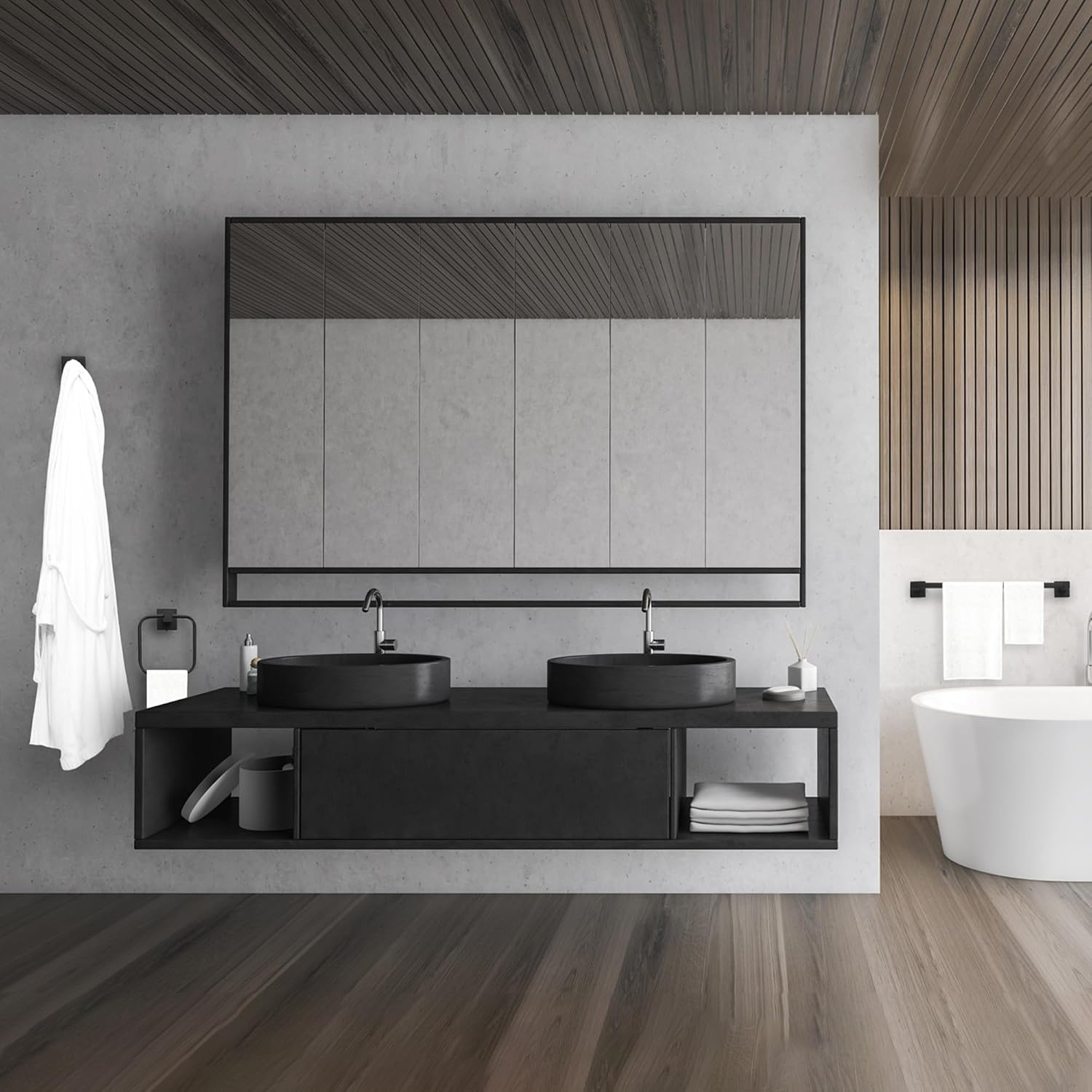 image:imageGlobe Electric 65562 Dakota 4Piece Bathroom Hardware Accessory Kit Matte Brass Towel Bar Towel Ring Robe Hook Toilet Paper HolderBlack Dakota