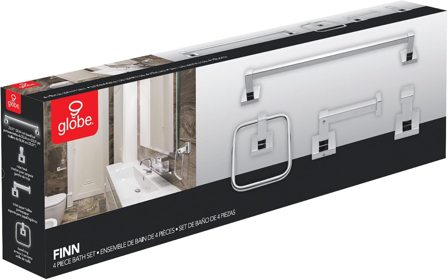 image:imageGlobe Electric 65562 Dakota 4Piece Bathroom Hardware Accessory Kit Matte Brass Towel Bar Towel Ring Robe Hook Toilet Paper HolderChrome Finn