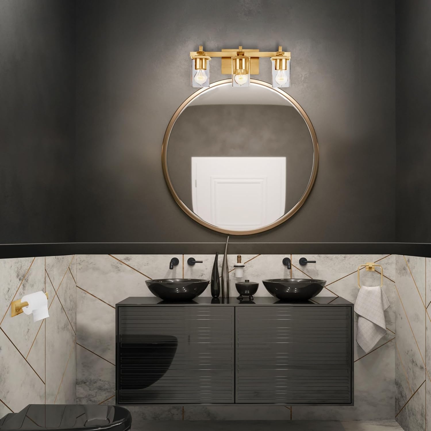 image:imageGlobe Electric 65562 Dakota 4Piece Bathroom Hardware Accessory Kit Matte Brass Towel Bar Towel Ring Robe Hook Toilet Paper HolderGold Dakota