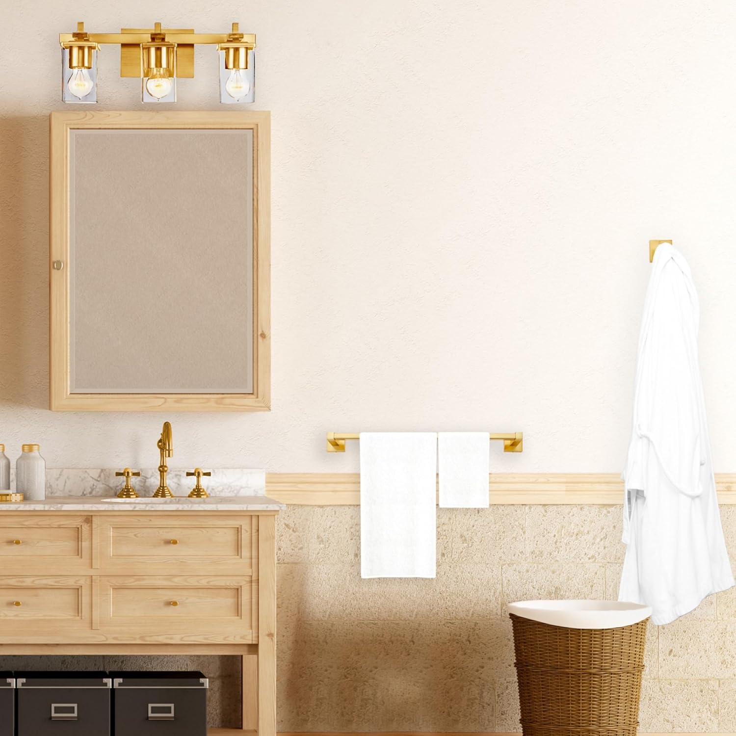 image:imageGlobe Electric 65562 Dakota 4Piece Bathroom Hardware Accessory Kit Matte Brass Towel Bar Towel Ring Robe Hook Toilet Paper HolderGold Dakota