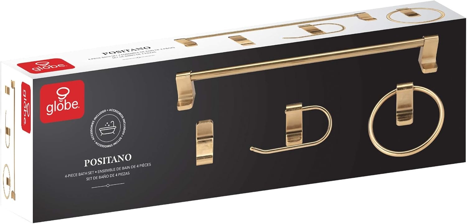 image:imageGlobe Electric 65562 Dakota 4Piece Bathroom Hardware Accessory Kit Matte Brass Towel Bar Towel Ring Robe Hook Toilet Paper HolderGold Positano
