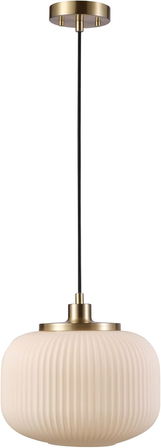 image:imageGlobe Electric 65842 1Light Pendant Lighting Matte Brass Frosted Ribbed Glass Shade