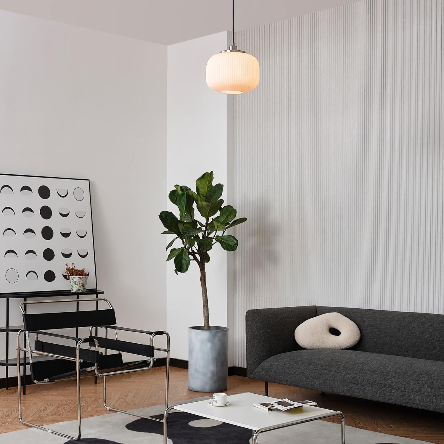 image:imageGlobe Electric 65842 1Light Pendant Lighting Matte Brass Frosted Ribbed Glass Shade