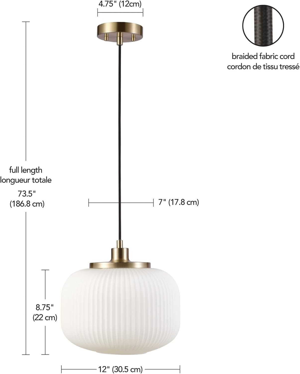 image:imageGlobe Electric 65842 1Light Pendant Lighting Matte Brass Frosted Ribbed Glass Shade