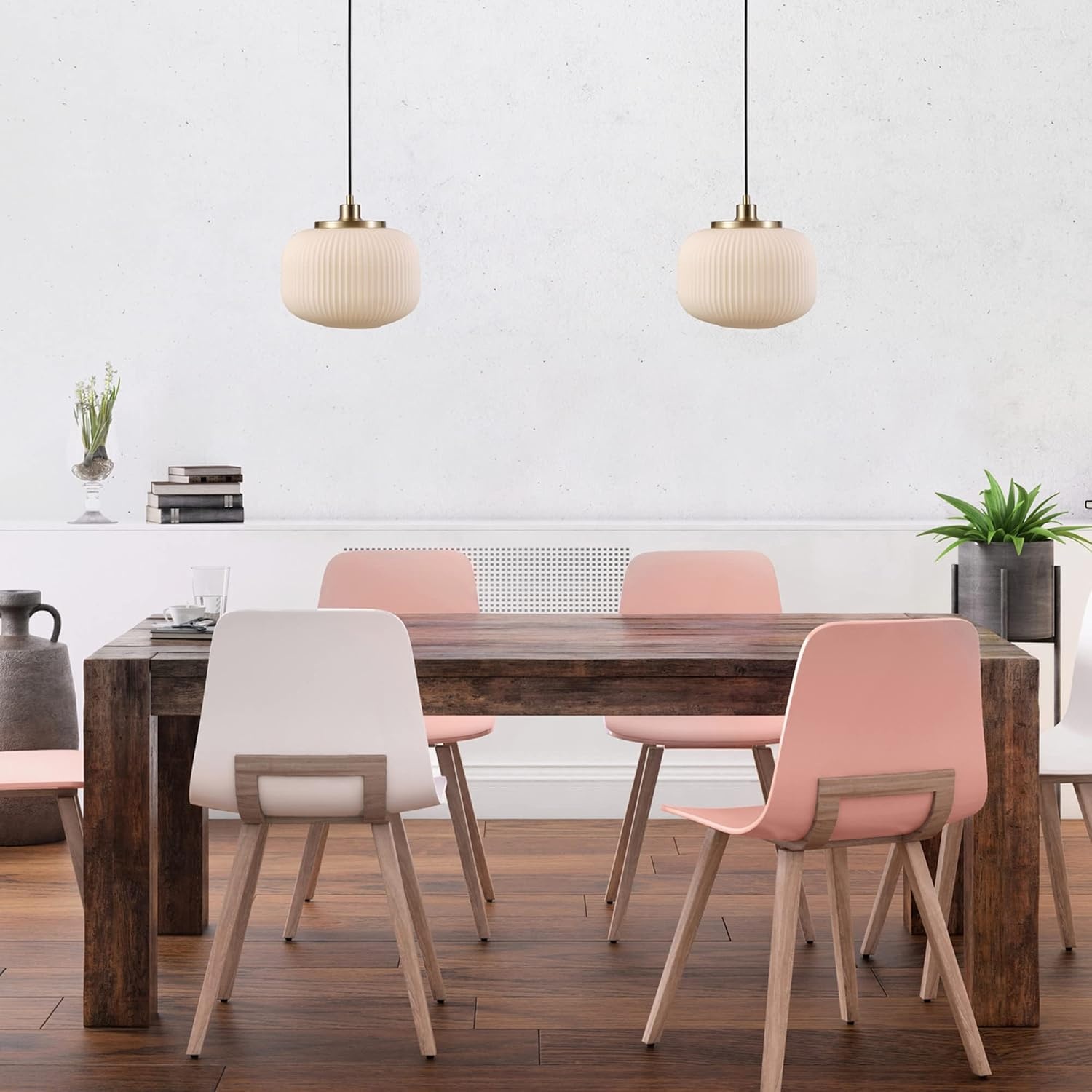 image:imageGlobe Electric 65842 1Light Pendant Lighting Matte Brass Frosted Ribbed Glass Shade