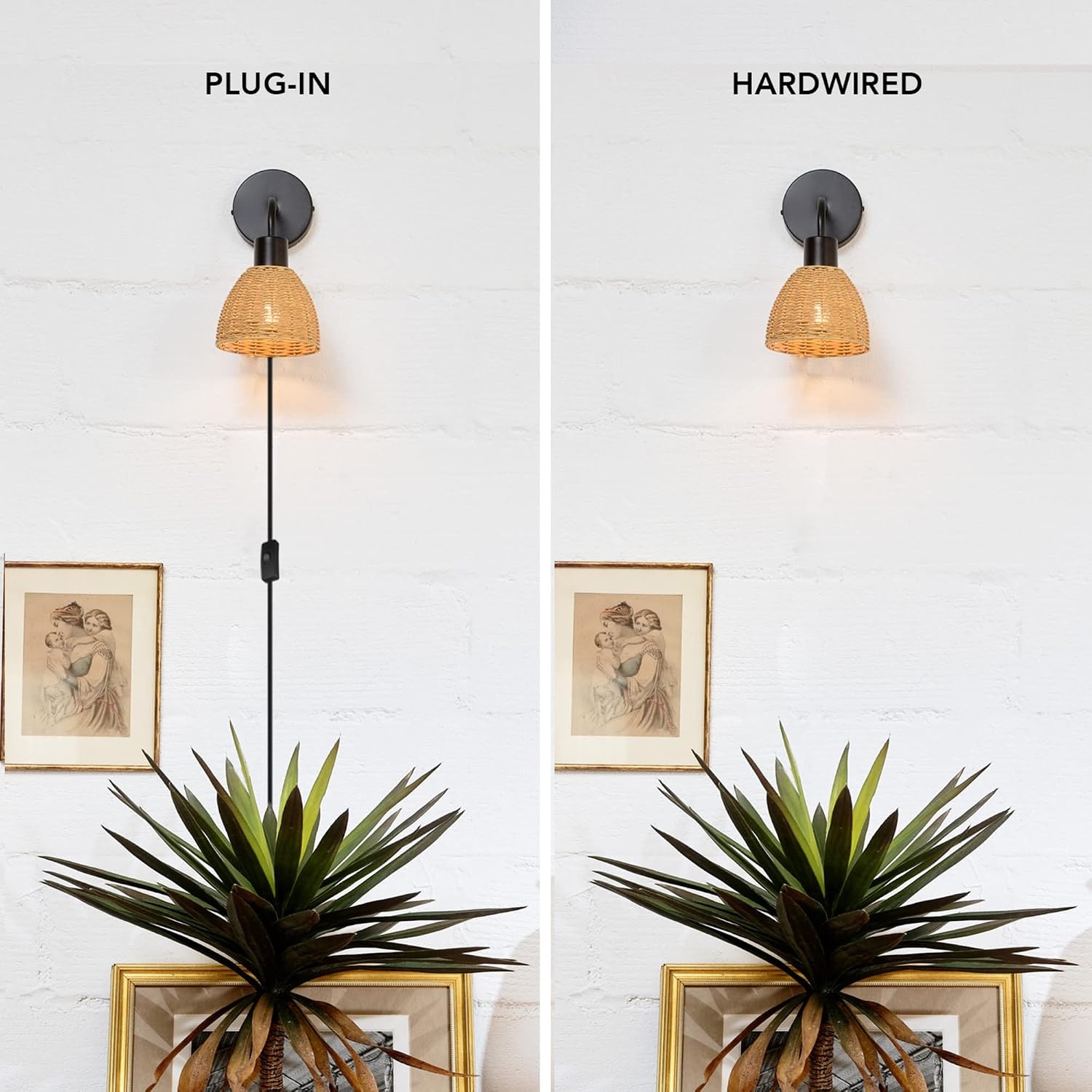 image:imageGlobe Electric 65925 2Light Plugin or Hardwire Wall Sconce Matte White Fabric Shade with Natural Rattan Accent 6ft Braided Cord inLine Rocker Switch Modern Lighting for Apartments or RentersBriar Black