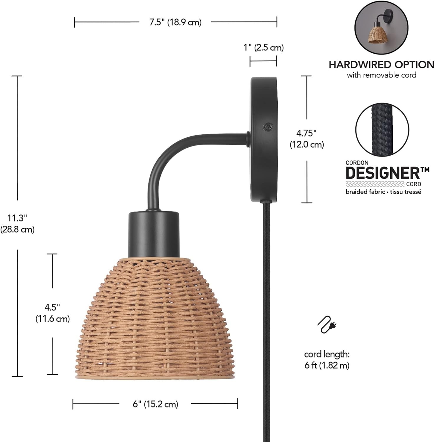 image:imageGlobe Electric 65925 2Light Plugin or Hardwire Wall Sconce Matte White Fabric Shade with Natural Rattan Accent 6ft Braided Cord inLine Rocker Switch Modern Lighting for Apartments or RentersBriar Black