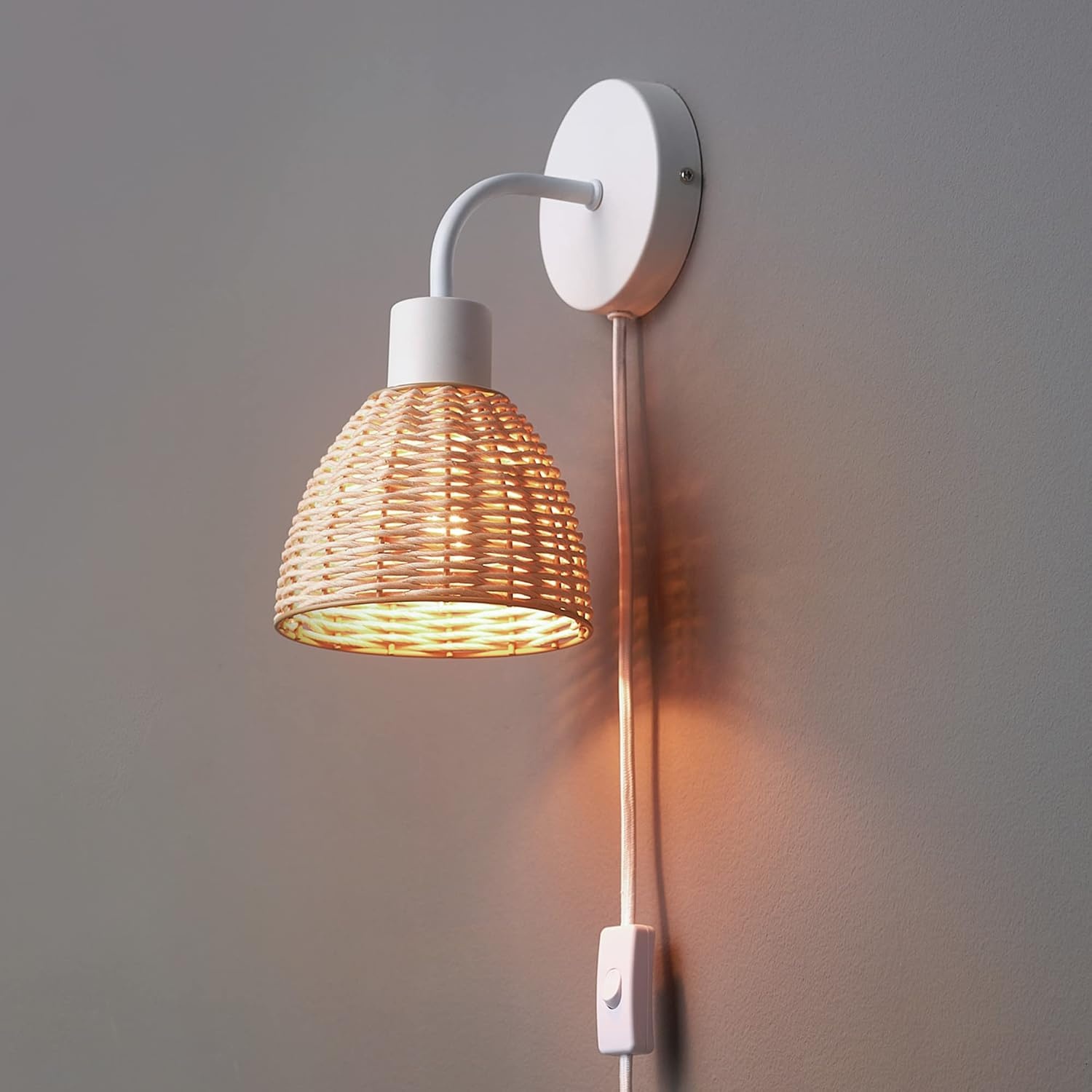 image:imageGlobe Electric 65925 2Light Plugin or Hardwire Wall Sconce Matte White Fabric Shade with Natural Rattan Accent 6ft Braided Cord inLine Rocker Switch Modern Lighting for Apartments or RentersBriar White