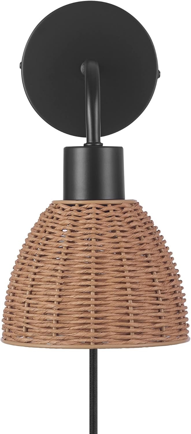 image:imageGlobe Electric 65925 2Light Plugin or Hardwire Wall Sconce Matte White Fabric Shade with Natural Rattan Accent 6ft Braided Cord inLine Rocker Switch Modern Lighting for Apartments or RentersBriar Black