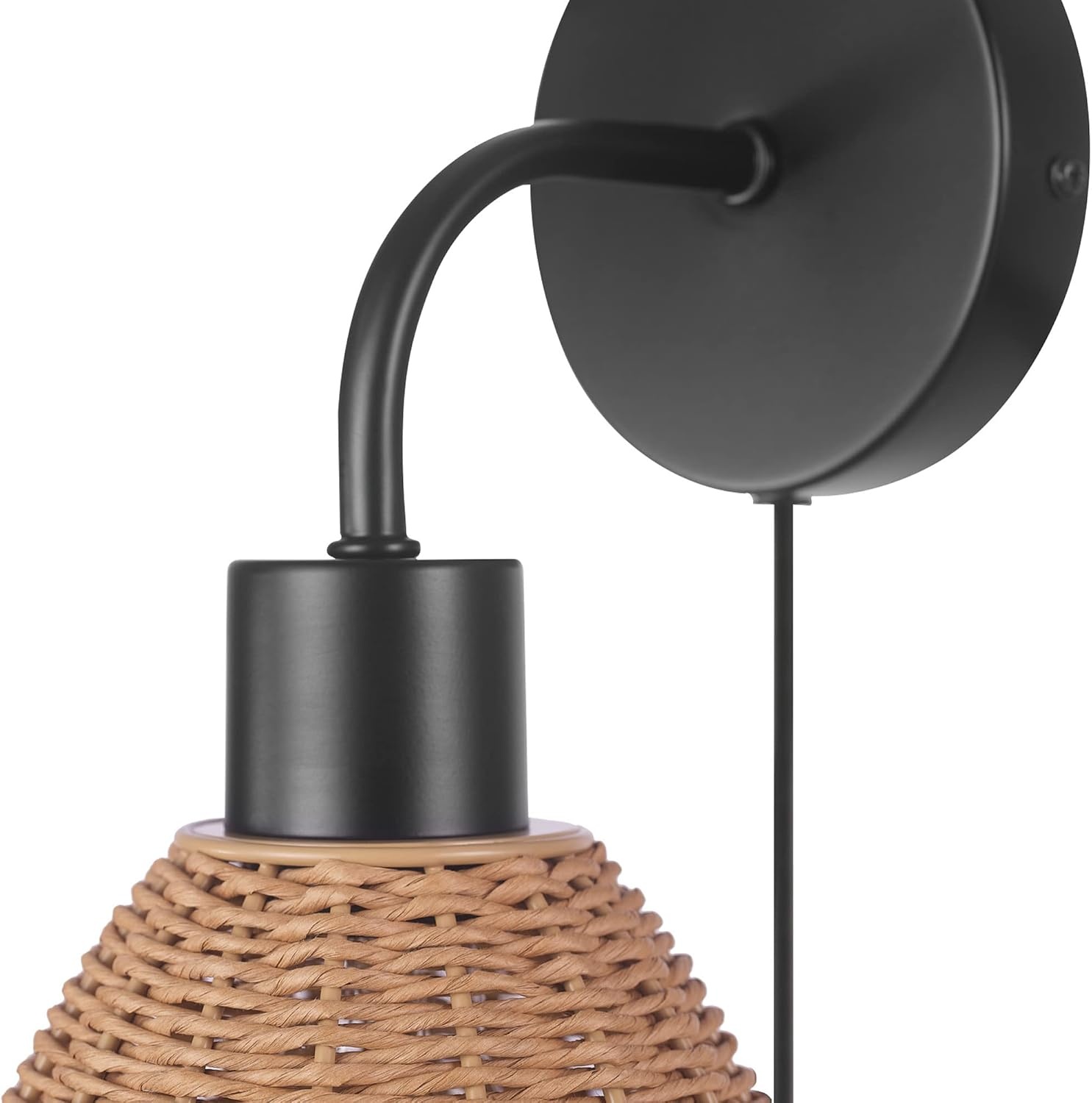 image:imageGlobe Electric 65925 2Light Plugin or Hardwire Wall Sconce Matte White Fabric Shade with Natural Rattan Accent 6ft Braided Cord inLine Rocker Switch Modern Lighting for Apartments or RentersBriar Black