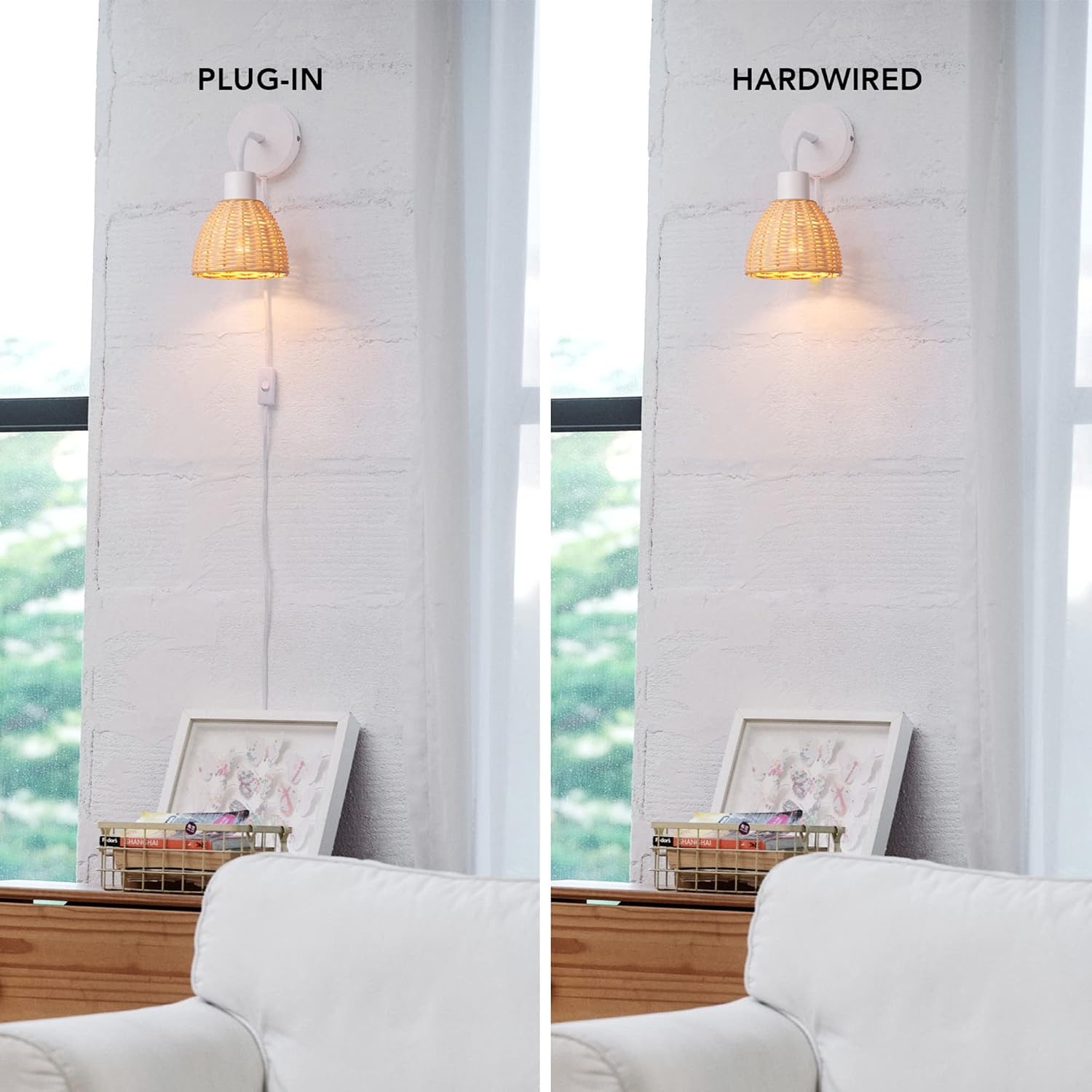 image:imageGlobe Electric 65925 2Light Plugin or Hardwire Wall Sconce Matte White Fabric Shade with Natural Rattan Accent 6ft Braided Cord inLine Rocker Switch Modern Lighting for Apartments or RentersBriar White