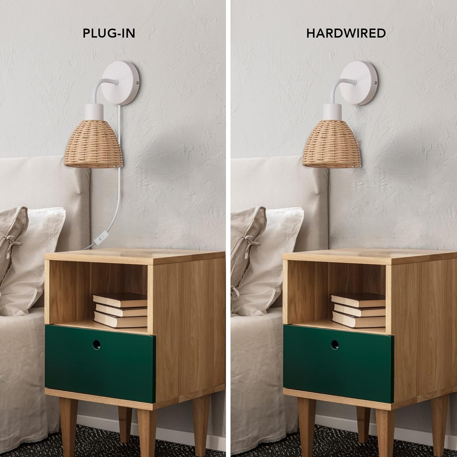 image:imageGlobe Electric 65925 2Light Plugin or Hardwire Wall Sconce Matte White Fabric Shade with Natural Rattan Accent 6ft Braided Cord inLine Rocker Switch Modern Lighting for Apartments or RentersBriar White