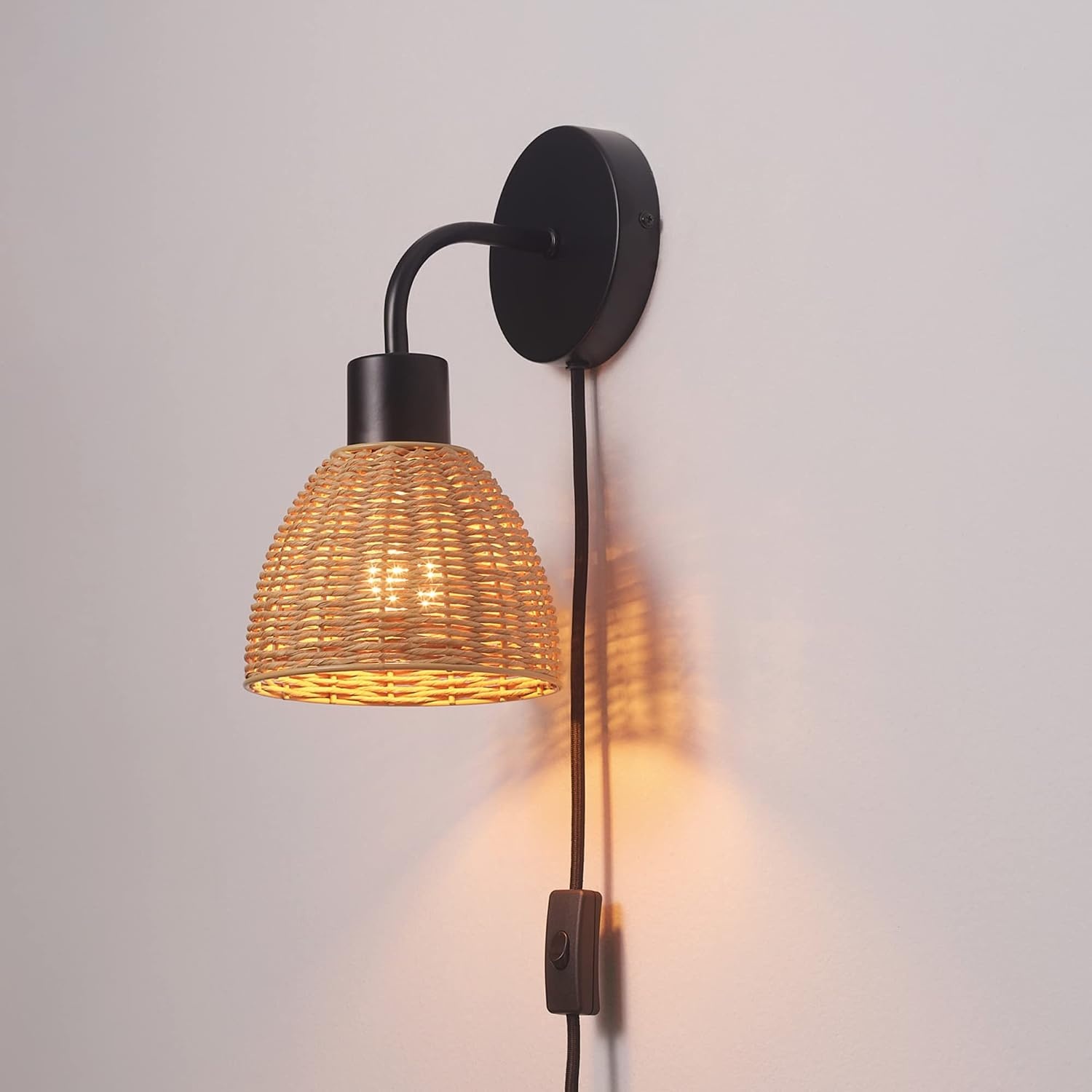 image:imageGlobe Electric 65925 2Light Plugin or Hardwire Wall Sconce Matte White Fabric Shade with Natural Rattan Accent 6ft Braided Cord inLine Rocker Switch Modern Lighting for Apartments or RentersBriar Black