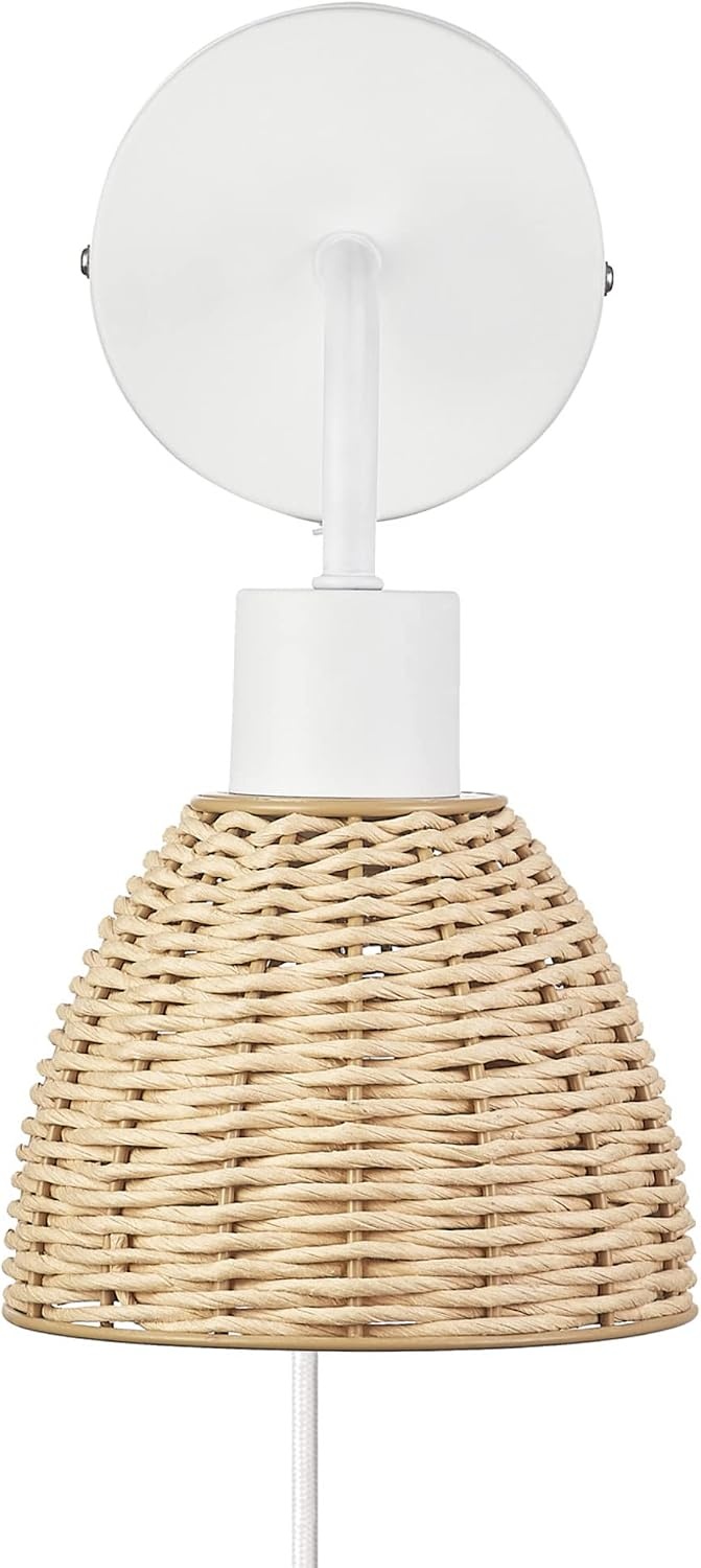 image:imageGlobe Electric 65925 2Light Plugin or Hardwire Wall Sconce Matte White Fabric Shade with Natural Rattan Accent 6ft Braided Cord inLine Rocker Switch Modern Lighting for Apartments or RentersBriar White