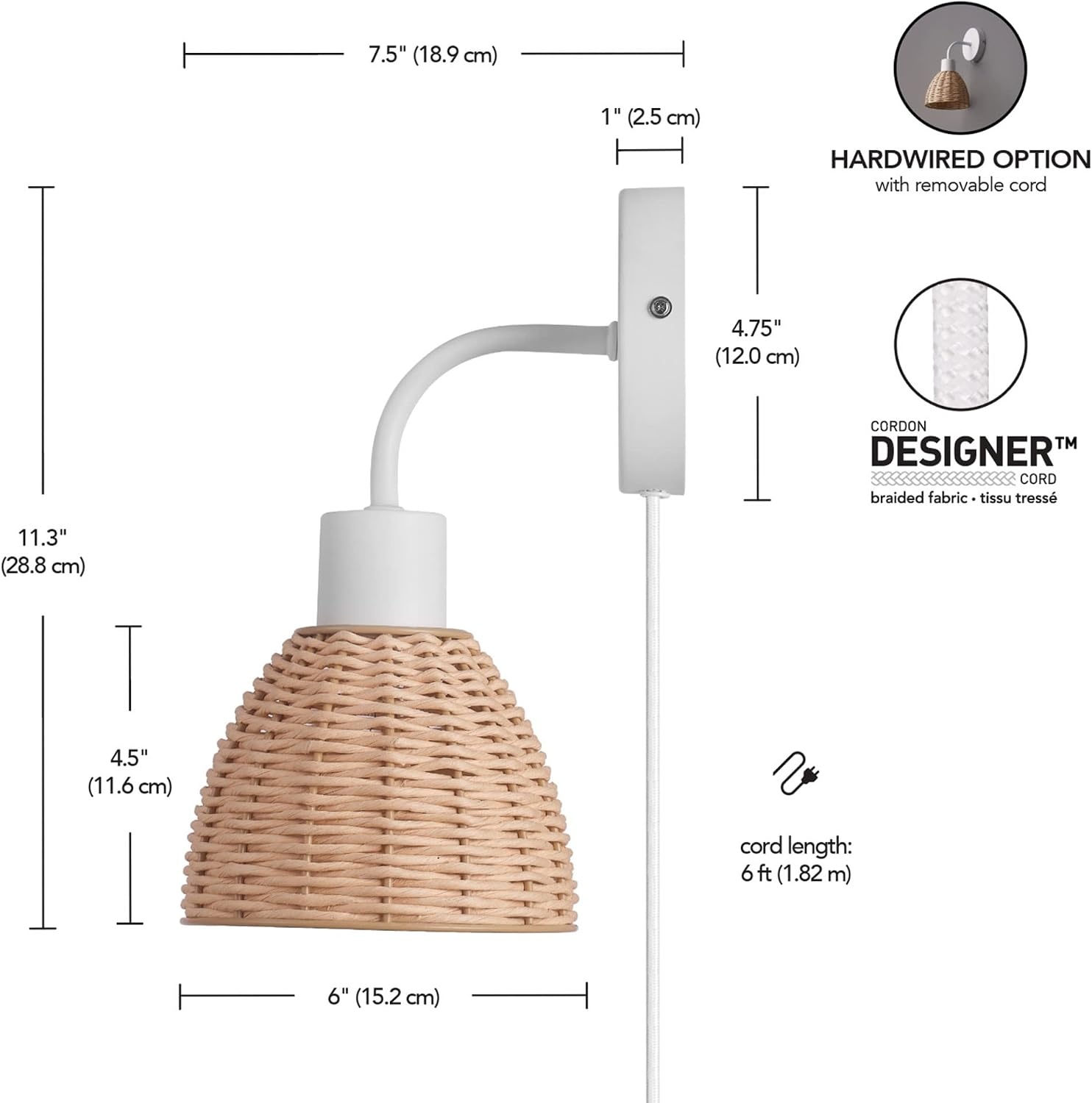 image:imageGlobe Electric 65925 2Light Plugin or Hardwire Wall Sconce Matte White Fabric Shade with Natural Rattan Accent 6ft Braided Cord inLine Rocker Switch Modern Lighting for Apartments or RentersBriar White