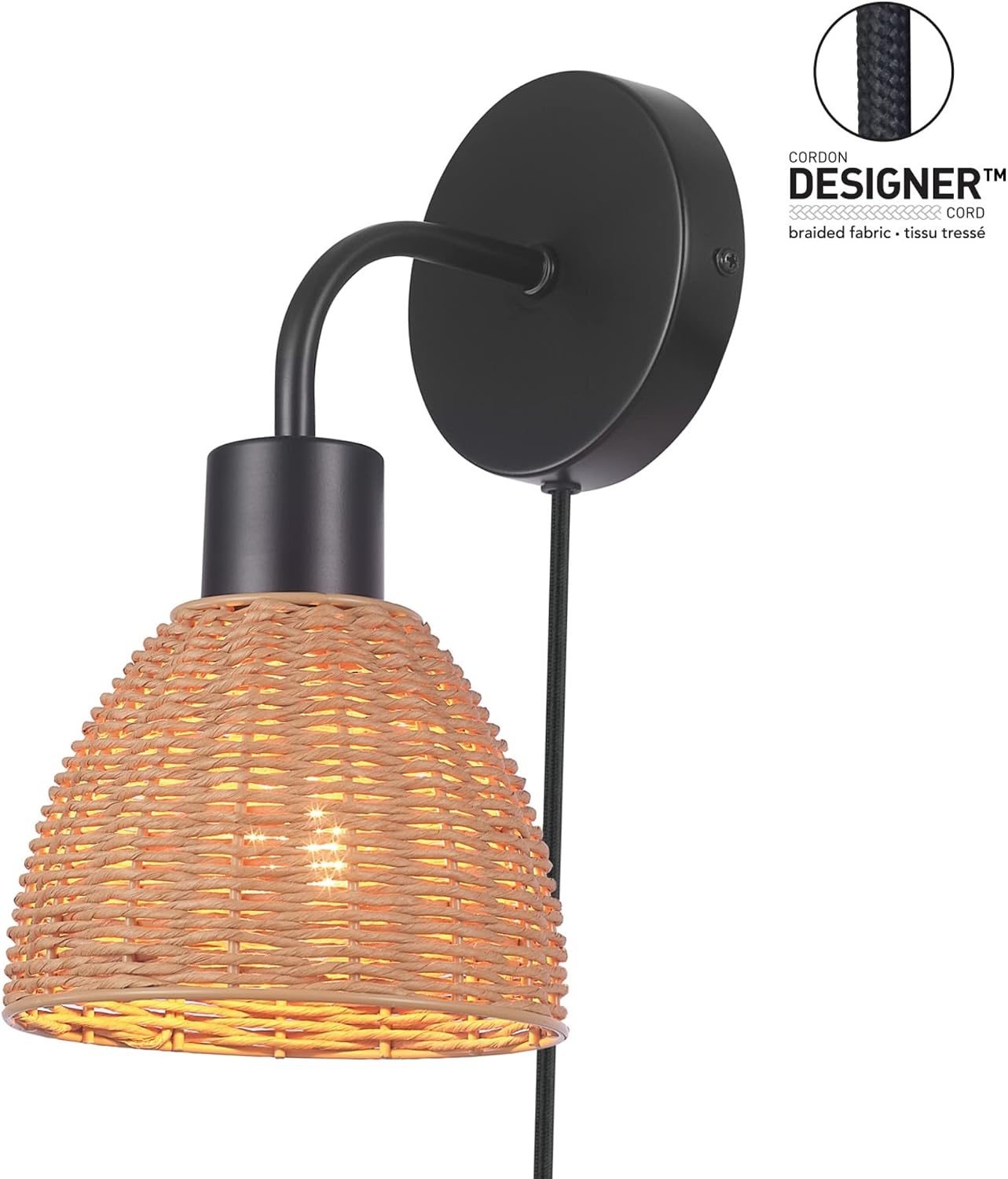image:imageGlobe Electric 65925 2Light Plugin or Hardwire Wall Sconce Matte White Fabric Shade with Natural Rattan Accent 6ft Braided Cord inLine Rocker Switch Modern Lighting for Apartments or RentersBriar Black